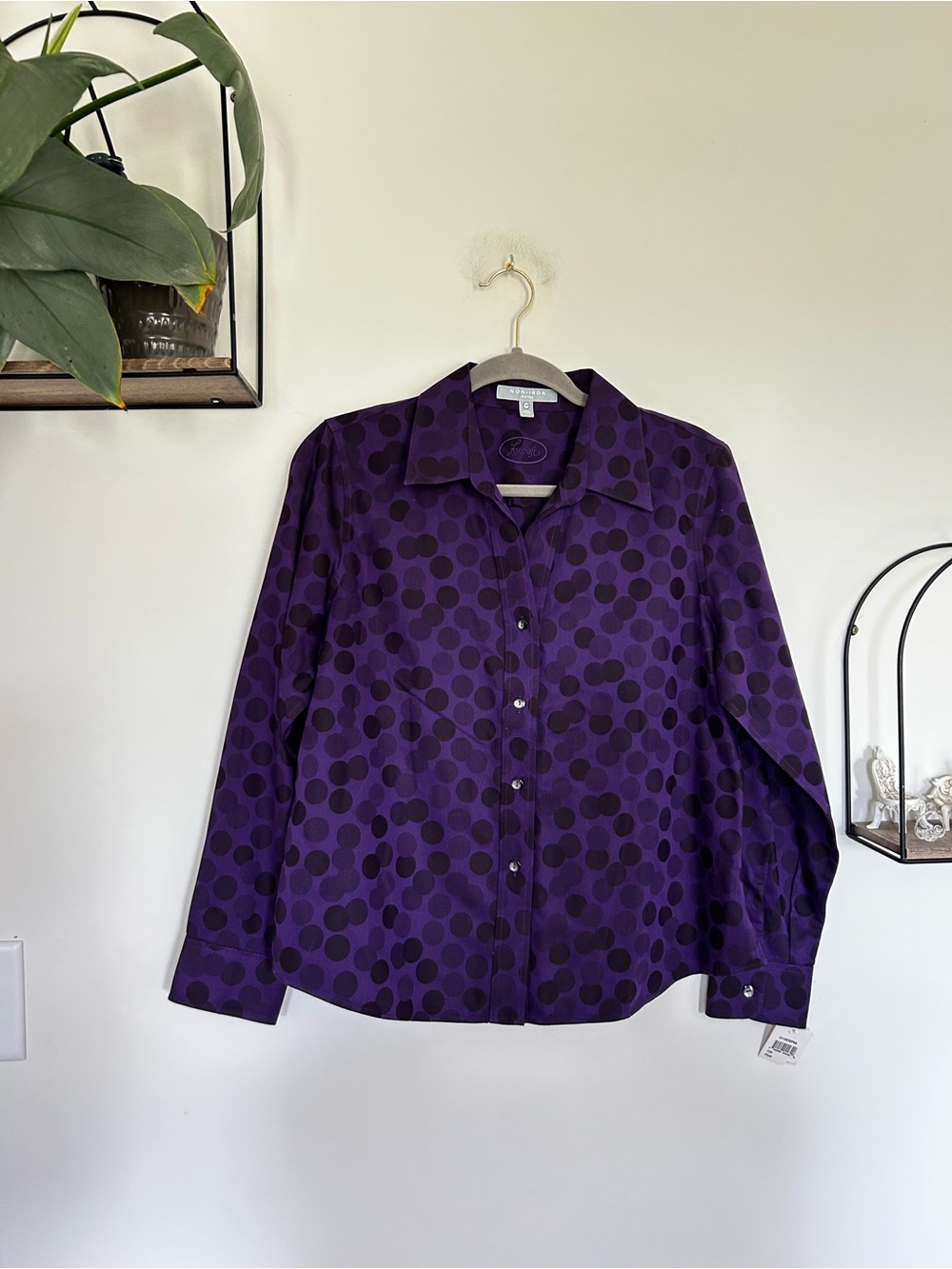 NWT Foxcroft Purple Polka Dot Button Up Long Sleeve Blouse Size 12P
